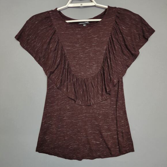RXB Ruffle Top Womens XS Burgundy Heathered Stretches Flutter Sleeves - Picture 1 of 11